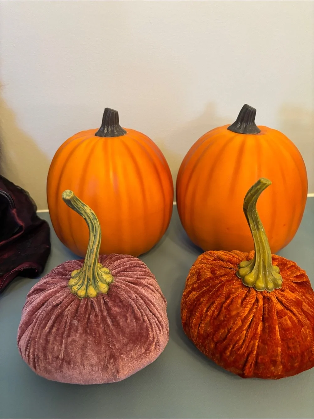 Set of 4 Decorative Velvet Pumpkins & foam Pumpkins - Orange and Dusty Rose